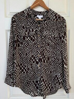Charter Club Brown and White Snakeskin Print Long Sleeve Button Down Blouse M